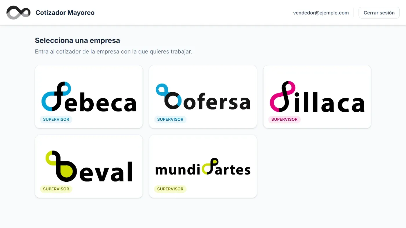 Selector de empresa tras iniciar sesión, con las cinco empresas del grupo y el rol del usuario en cada una