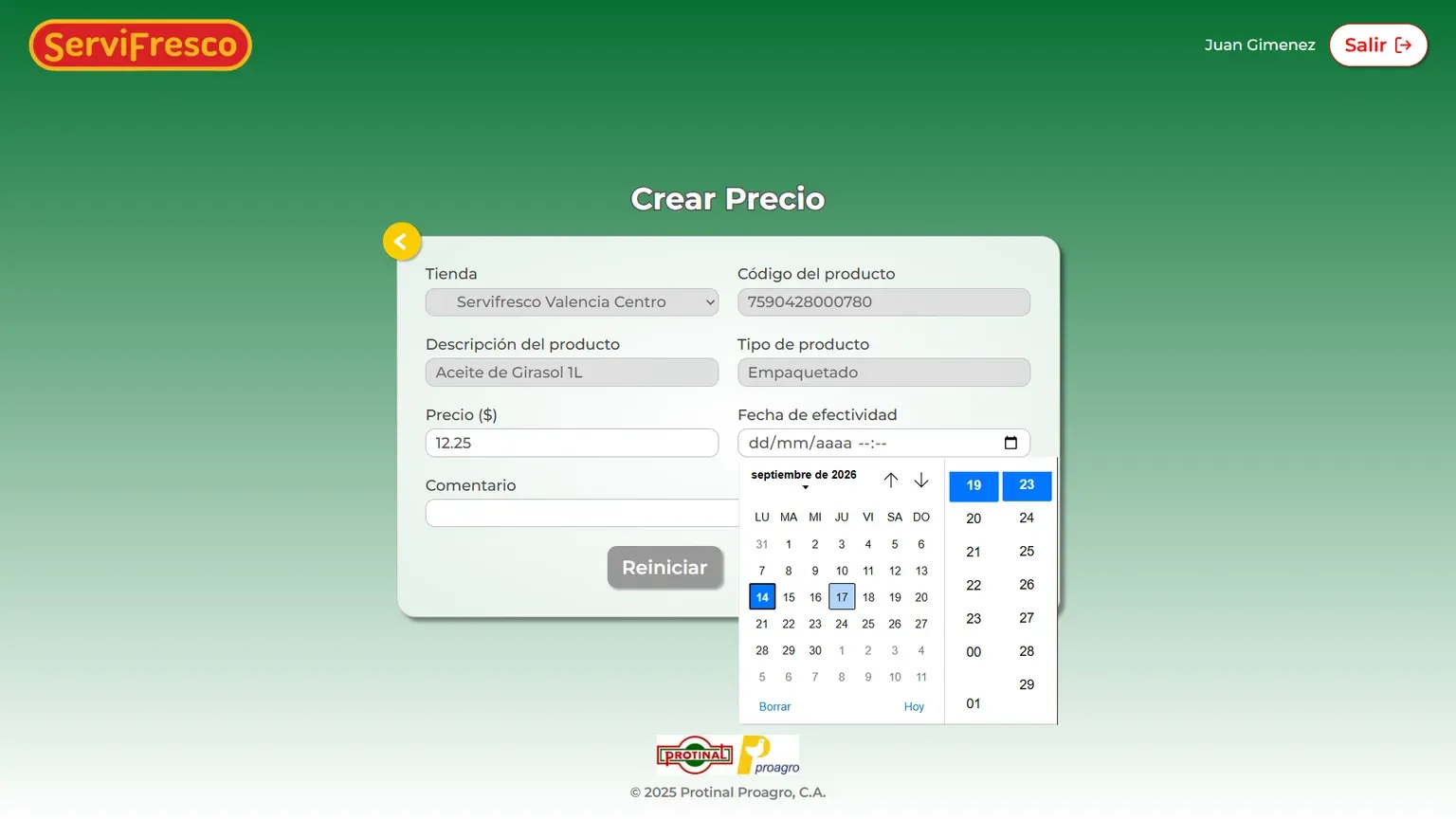 Formulario de creación de precio con el selector de fecha de efectividad abierto