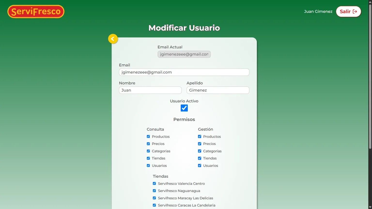 Pantalla de permisos de usuario, por módulo y por tienda